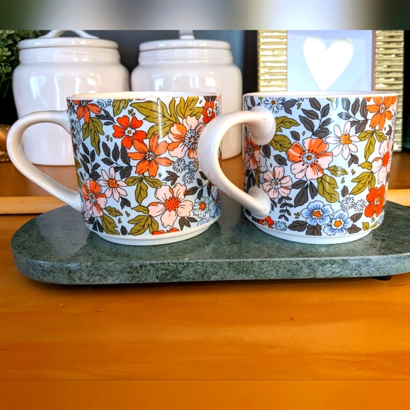 coco + lola Other - Coco+Lola Floral 2 Mugs Blue Orange Pink Flowers Spring Coffee Tea Ceramic
